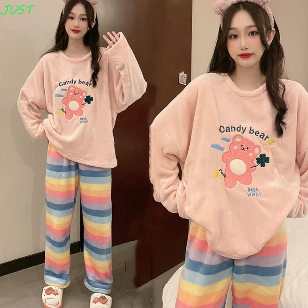 JUST Bộ đồ ngủ nữ, Kitty Cat Bear Rabbit Coral Fleece Sleepwear, Kawaii Plush Nightwear Rainbow Warm