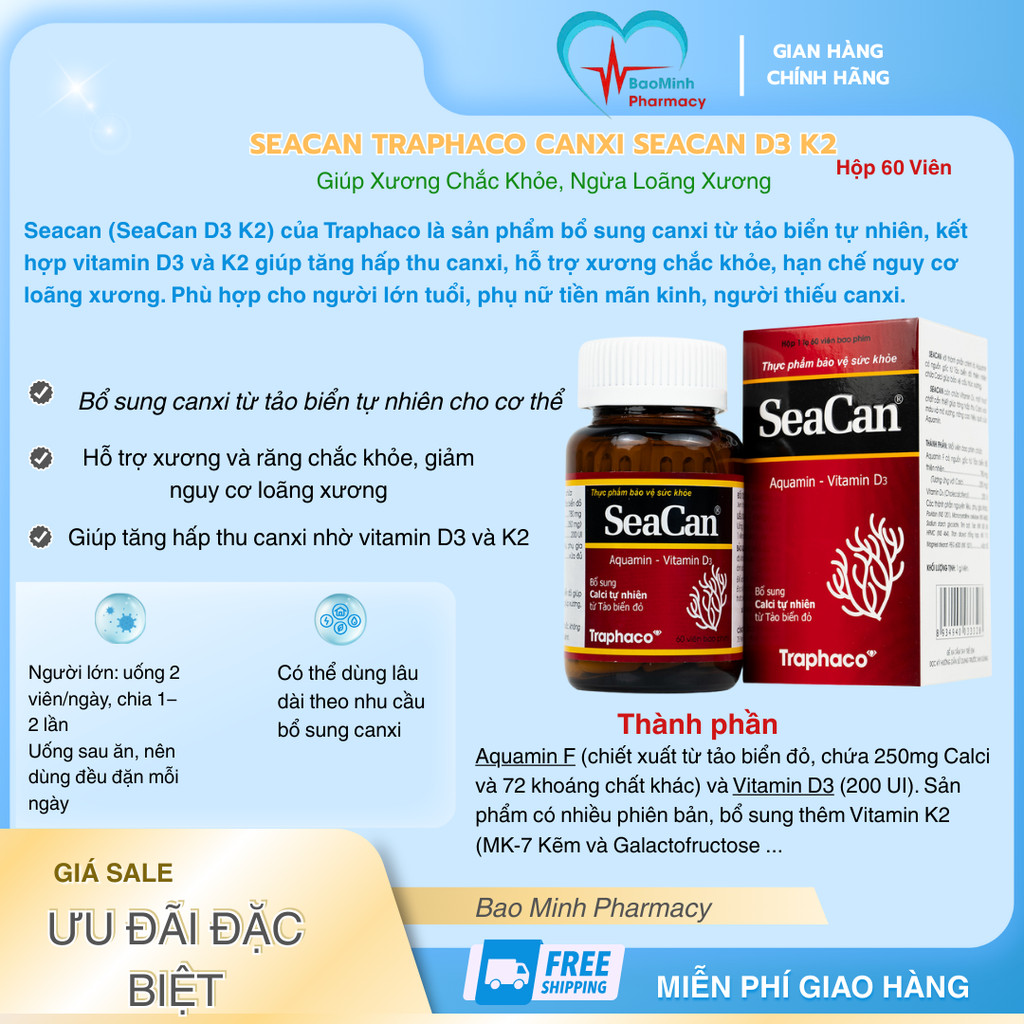 [Chính Hãng] Seacan Traphaco Canxi SeaCan D3 K2 Giúp Xương Chắc Khỏe, Ngừa Loãng Xương | 60 Viên
