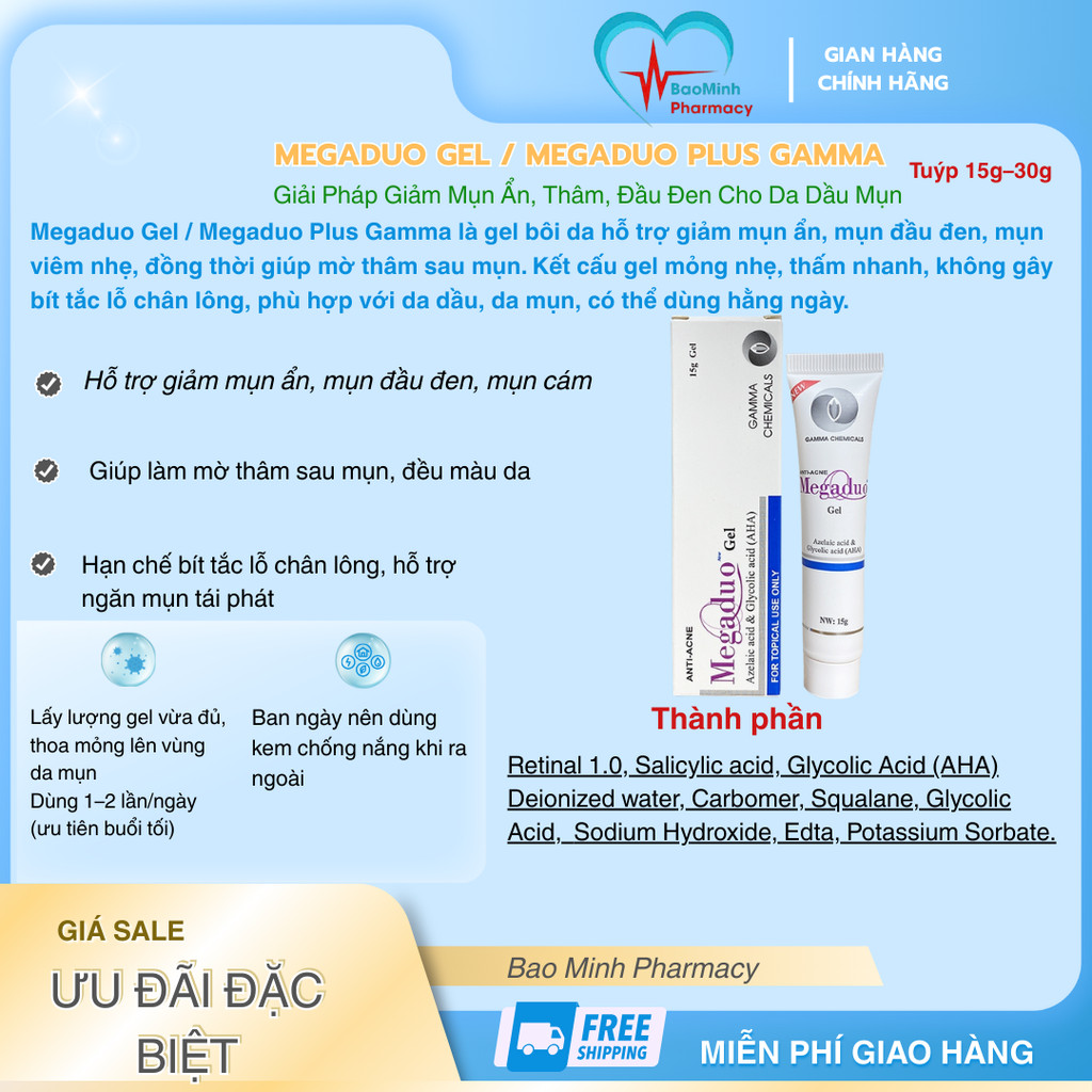 Megaduo Gel / Megaduo Plus Gamma 15g–30g Giảm Mụn Ẩn, Thâm, Đầu Đen Cho Da Dầu Mụn