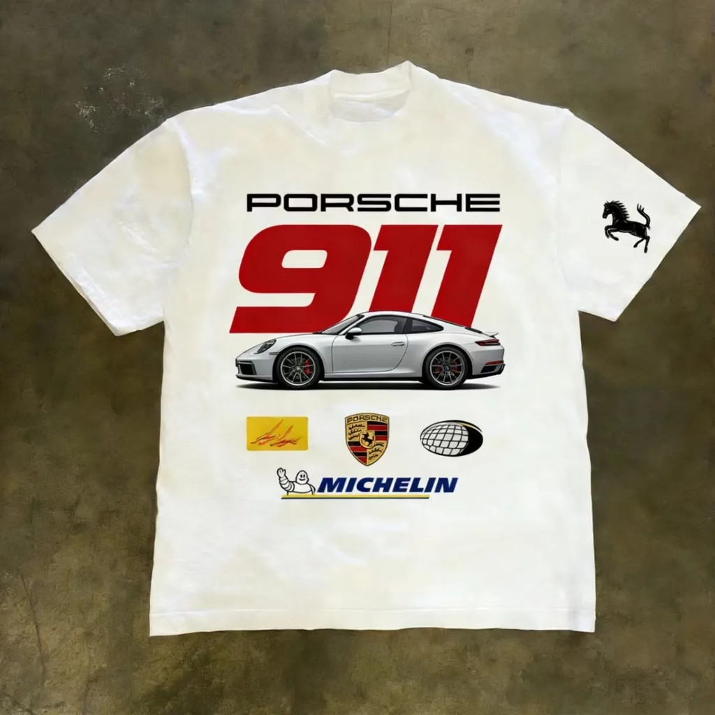 PORSCHE white short-sleeved T-shirt with 911 sports car graphic, Macan, 718, racing style breathable