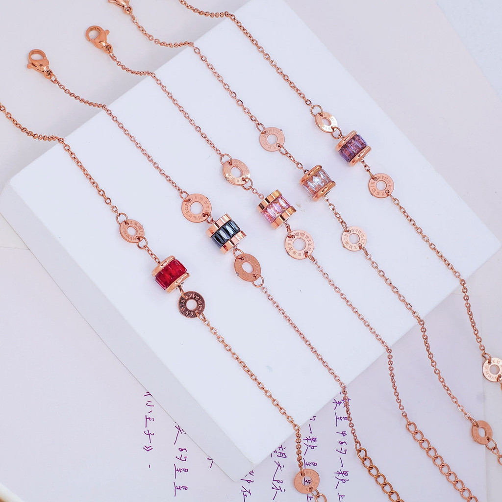 Vòng TaySTEELTitan Mạ Vàng 18K, Đá Pha Lê Hình Hoa Hồng, Số La Mã, Màu Tím Nhẹ Nhàng