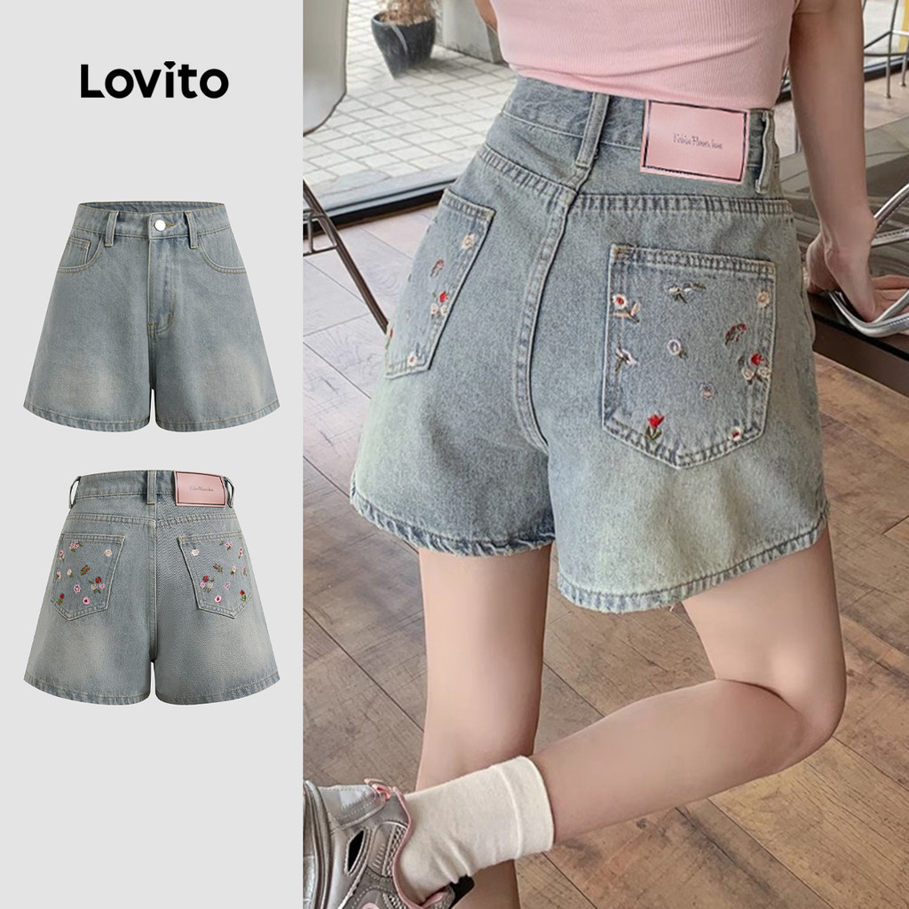 (Hot) Lovito Quần short Denim thêu ngắn trơn đơn giản dành cho nữ L125AD221
