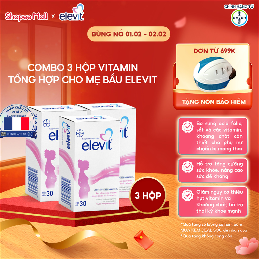 Bộ 3 Thực phẩm bảo vệ sức khỏe Elevit bổ sung Acid Folic, Sắt, Canxi, Các Vitamin và Các khoáng chất