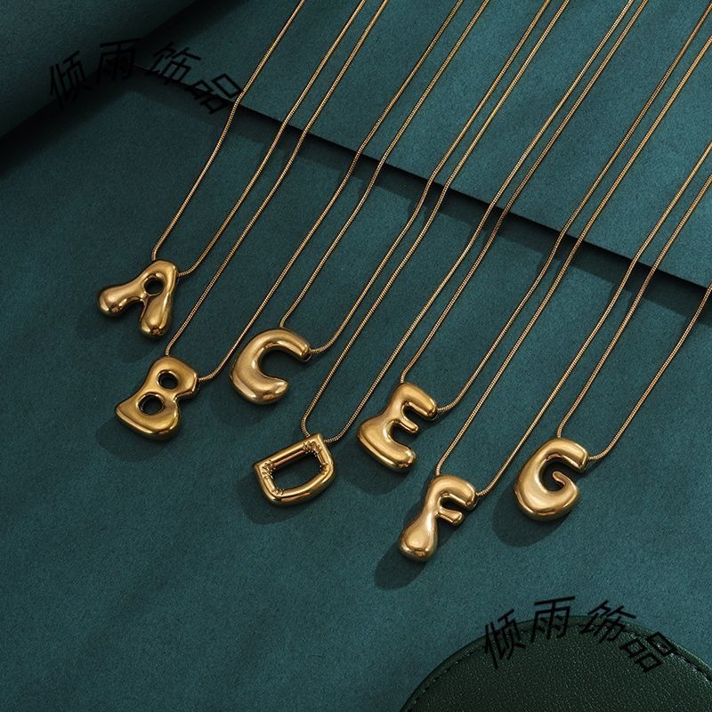 Hot Sale#26English Letter Pendant Necklace gold Titanium Steel Chubby Bubble Letter Clavicle Chain N