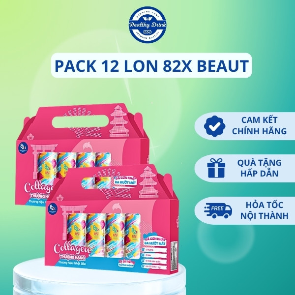 Pack 12 Lon Thực Phẩm Giải khát Bổ Sung Collagen 82X Beaut Vị Ổi Hồng (245ml/lon)