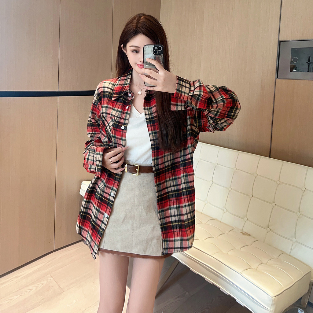 HK86 2024Autumn New Red Plaid Loose Casual Versatile Mid-Length Brushed Shirt Fashion Top