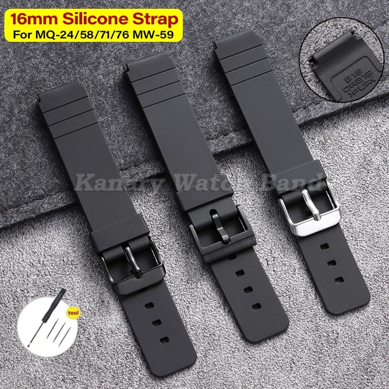 Dây đeo đồng hồ silicon bằng nhựa mềm 16mm lồi cho Casio MQ-24 MQ-58 MQ-71 MQ-76 MW-59 Dây đeo đồng 