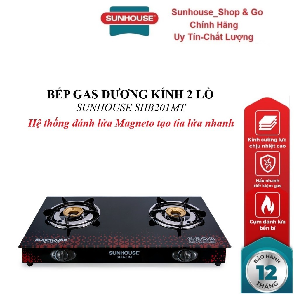 Bếp gas dương kính SUNHOUSE SHB201MT, Hệ thống đánh lửa Magneto tạo tia lửa nhanh, Kiềng bếp độc lập