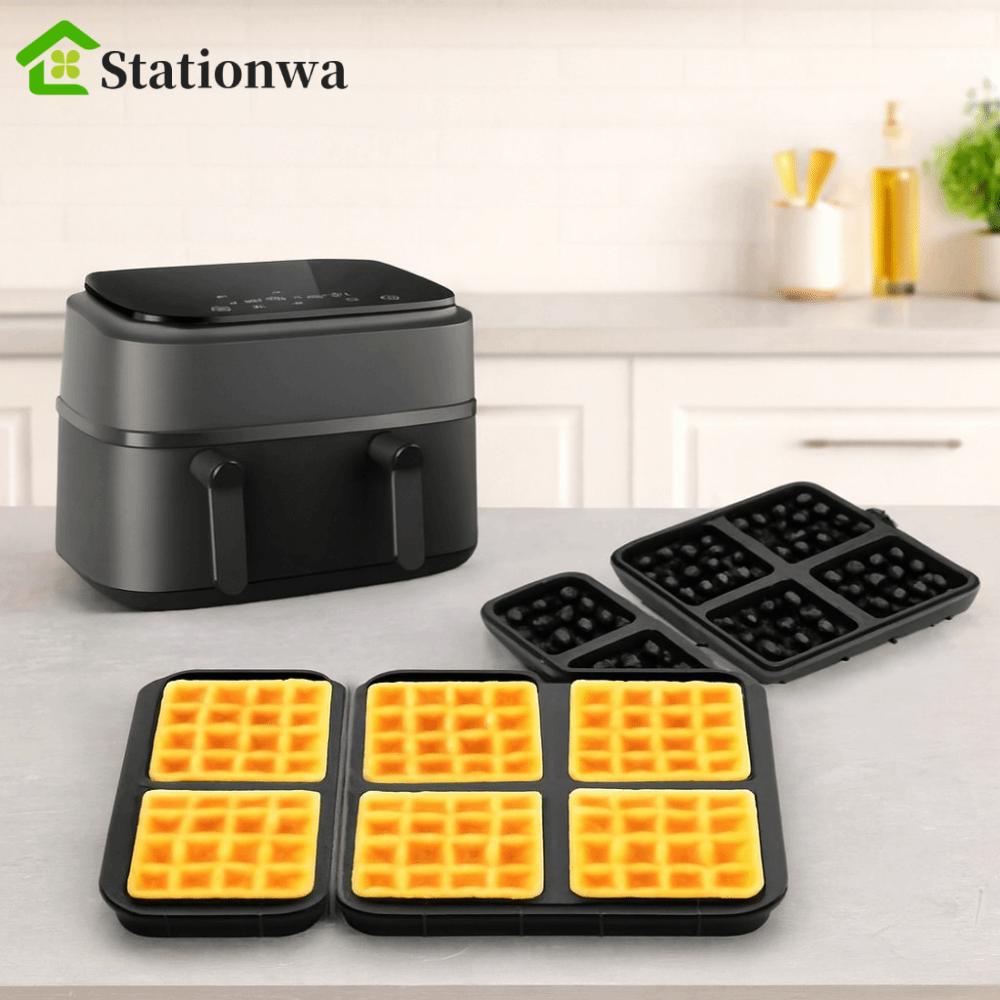 STATIONWA Máy làm bánh quế 2 mảnh, Khuôn làm bánh quế bằng silicon chịu nhiệt, Lò nướng khay bánh quế hình vuông / hình chữ nhật chống dính di động