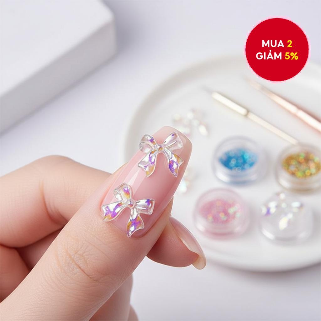 50PCS nơ charm cho móng, thiết kế 3D Aurora nơ dễ thương cho đồ dùng làm móng, nơ acrylic trắng cho 