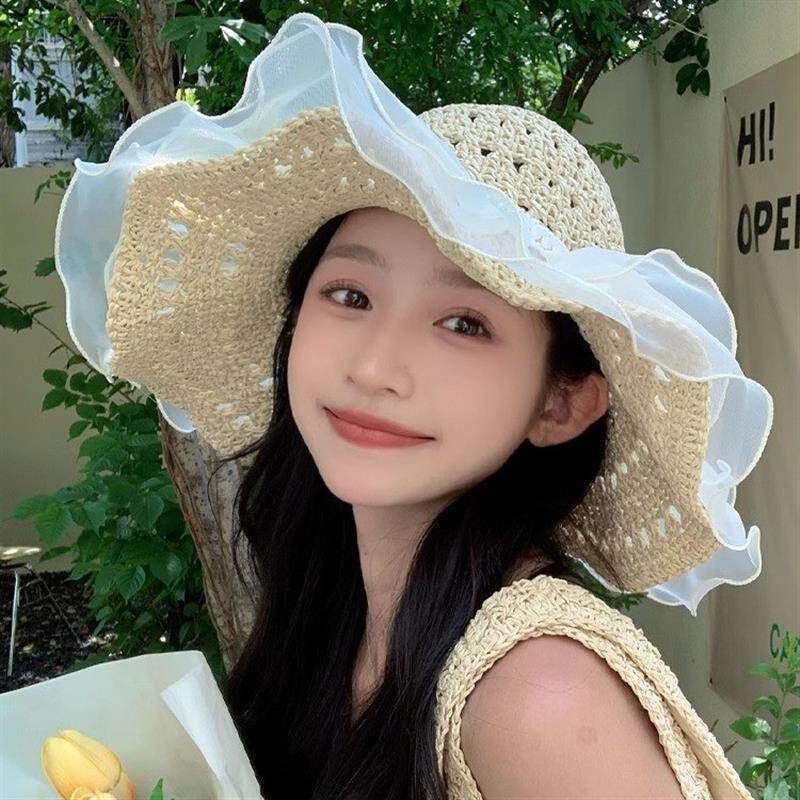 mũ đẹp mũ xinh Mũ rơm nữ mũ ngư dân bãi biển rỗng ren kiểu Pháp
