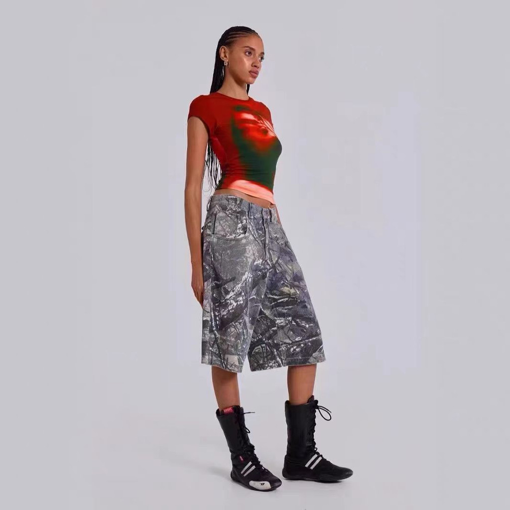 Jaded London Vintage forest branch camouflage washed distressed low-rise loose denim shorts unisex