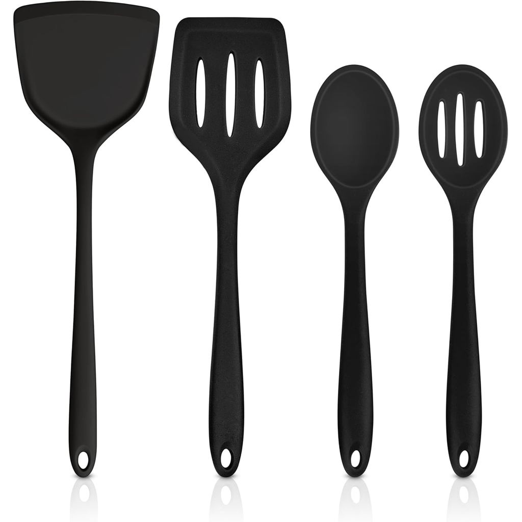 Dụng cụ nấu ăn bằng silicon TeamFar, Bộ 4 dụng cụ nhà bếp kèm thìa silicon, thìa nấu ăn rắn và rãnh 