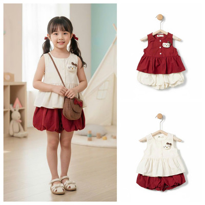 Bộ mặc hè mát LITIBABY bé gái, dáng chân váy bí, đính mèo ngực, size 2/6 tuổi