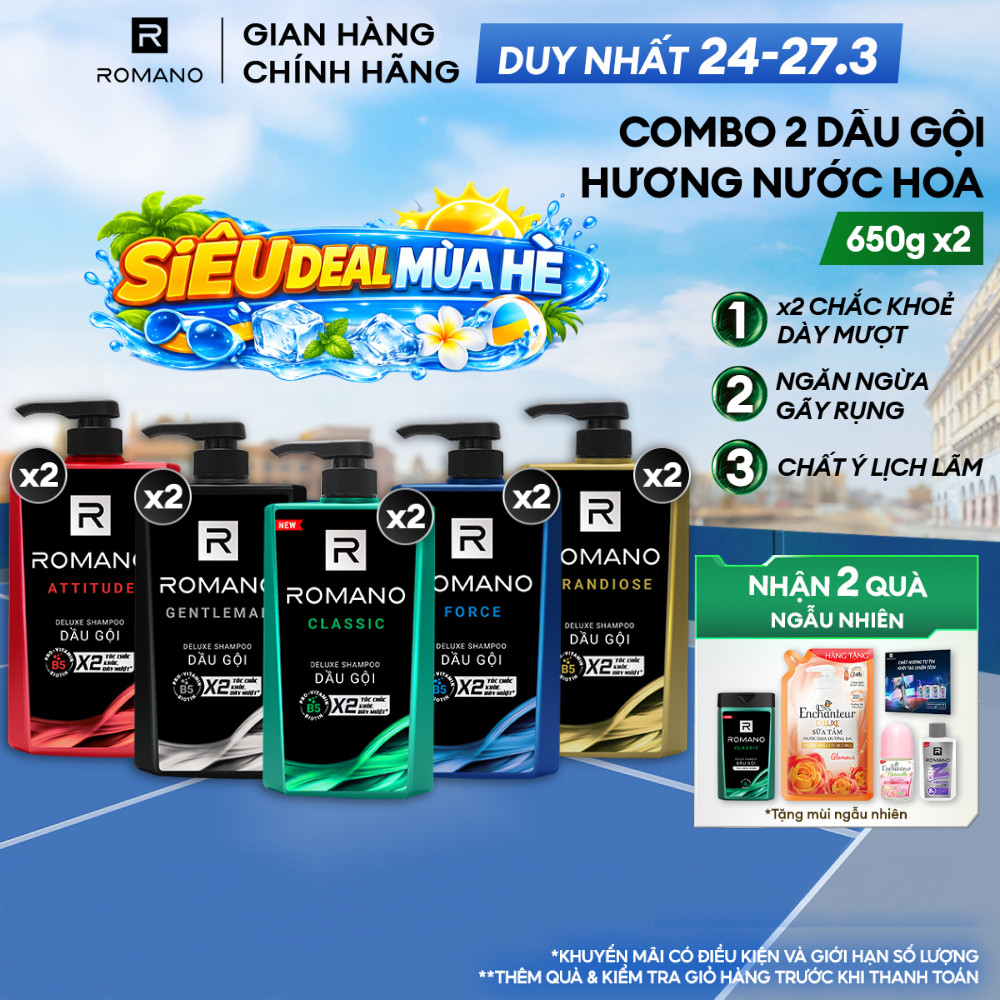 Combo 2 Dầu gội nam Romano hương Nước hoa nam Attitude/Gentleman/Force/Classic 650g - 4 Mùi