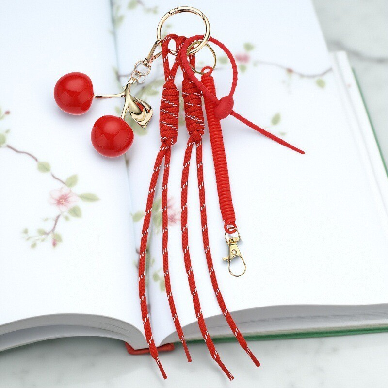 【Ready Stock】 Fashion Exquisite Cherry Keychain Pendant Female Miu Braided Rope Car Cherry Ornament 