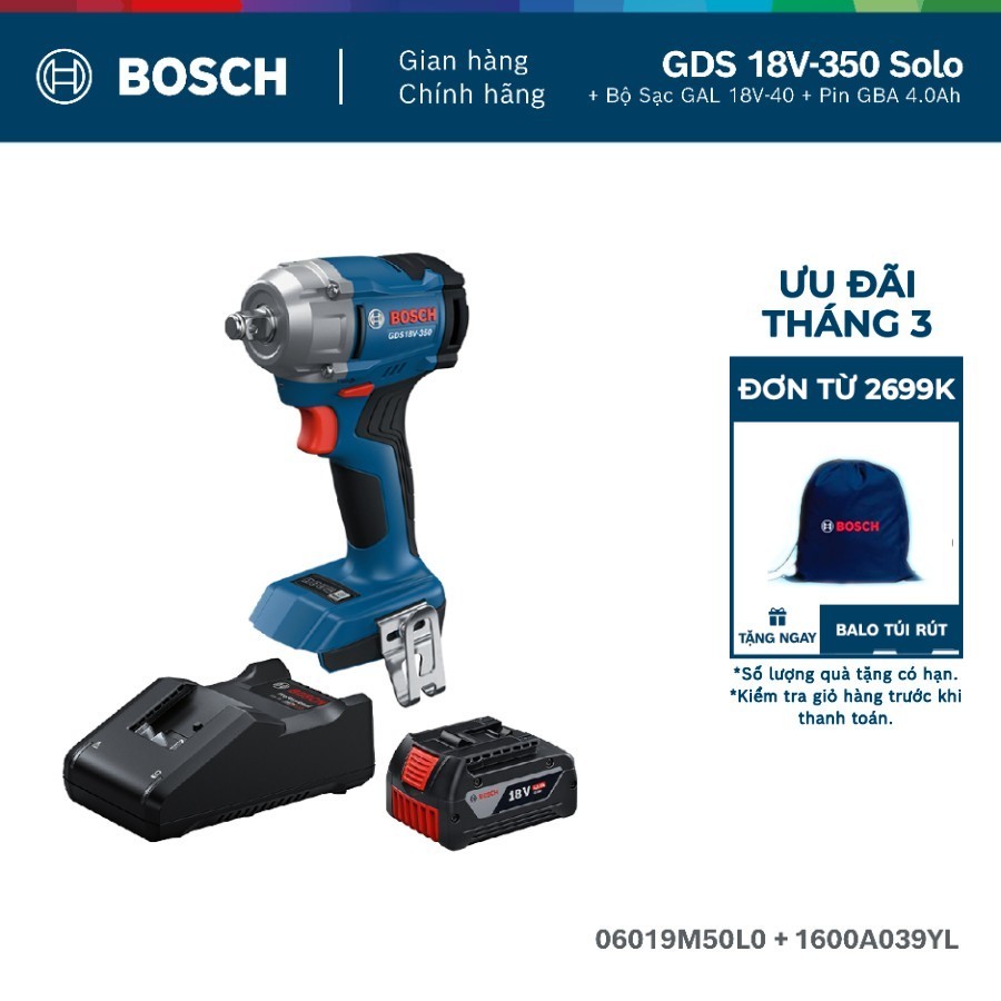Máy siết ốc dùng pin Bosch GDS 18V-350 Solo + Bộ Sạc GAL 18V-40 và 1 Pin GBA 4.0Ah MỚI