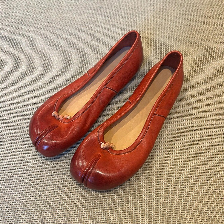 Sheepskin Version~Genuine leather vintage split-toe shoes for women, shallow pig-trotter flats, vers