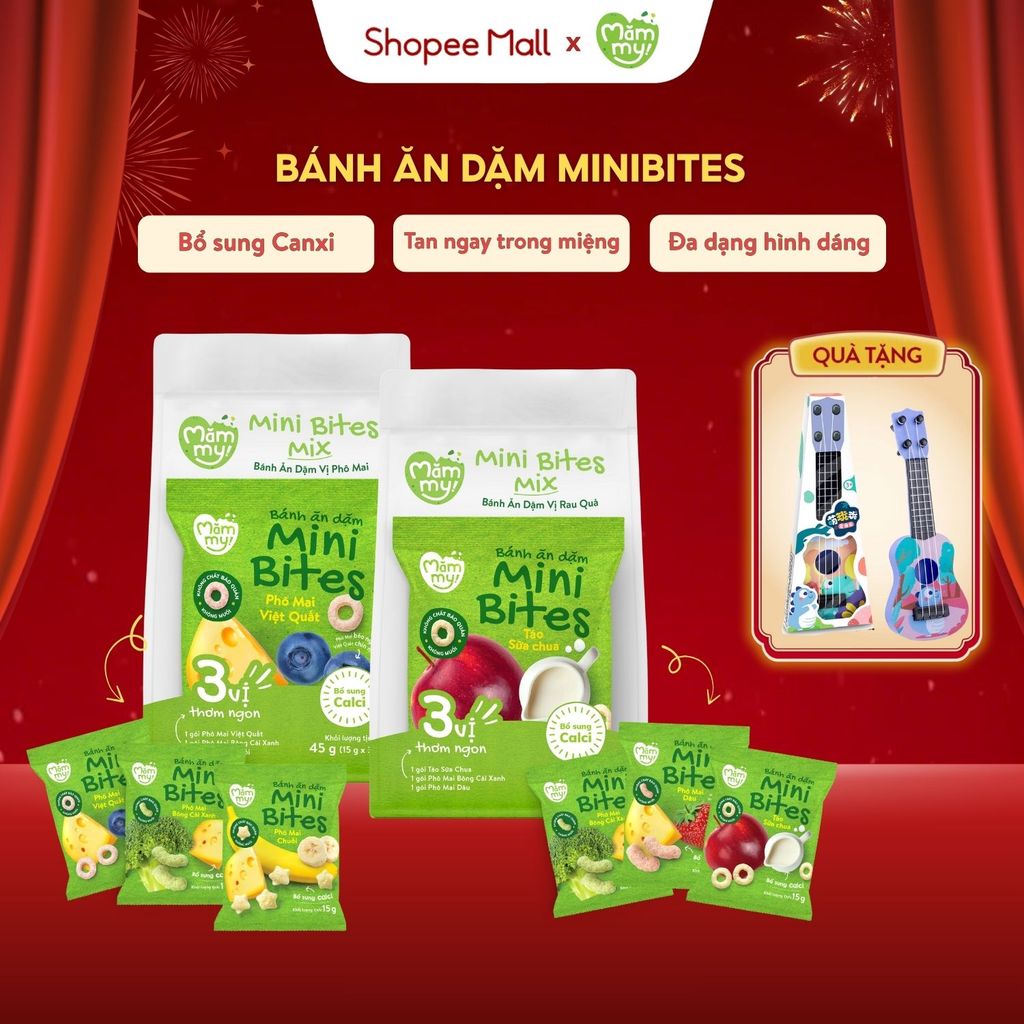 Bánh ăn dặm cho bé Mini Bites Mămmy đủ vị, bổ sung canxi hỗ trợ tập nhai cho bé từ 6 tháng, gói 15g