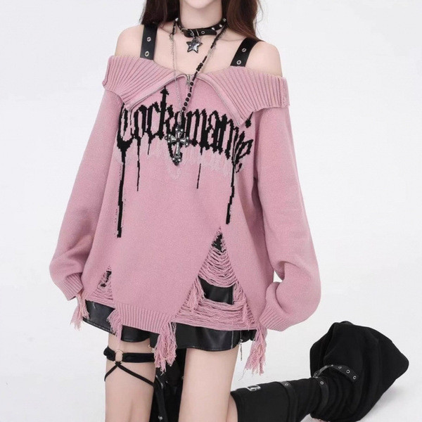 off-shoulder sweater korean women's sweater sweater Áo Len Nữ Phong Cách Punk Off-the-Shoulder Thu Đ