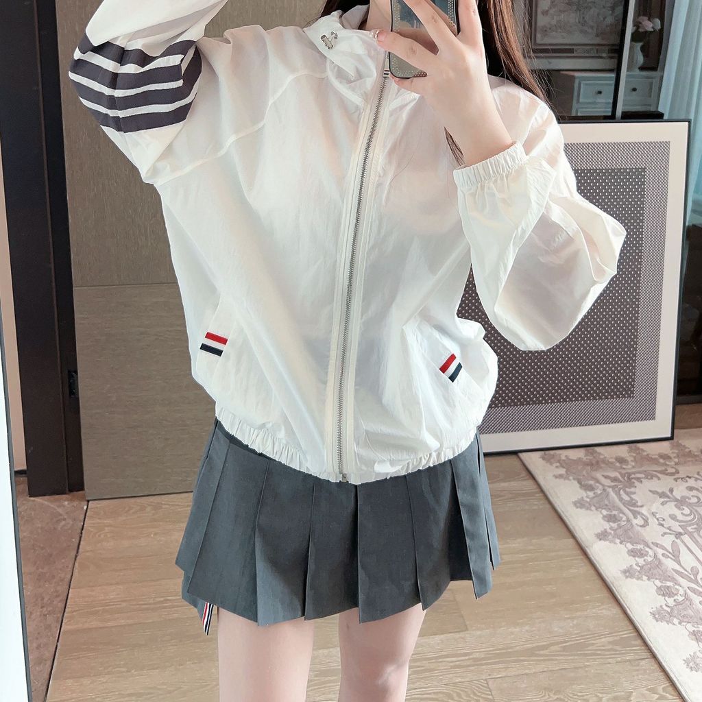 VKIV TM Summer New Four-Stripe Thin Hooded Sun Protection Jacket for Women, Cardigan Coat, Long Slee