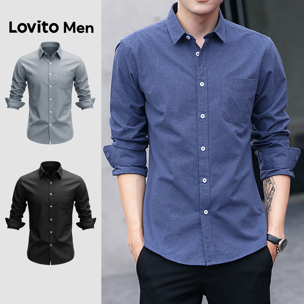 Lovito Men  Áo sơ mi nam màu xanh hải quân áo sơ mi thường ngày áo sơ mi cài nút. LNE138077