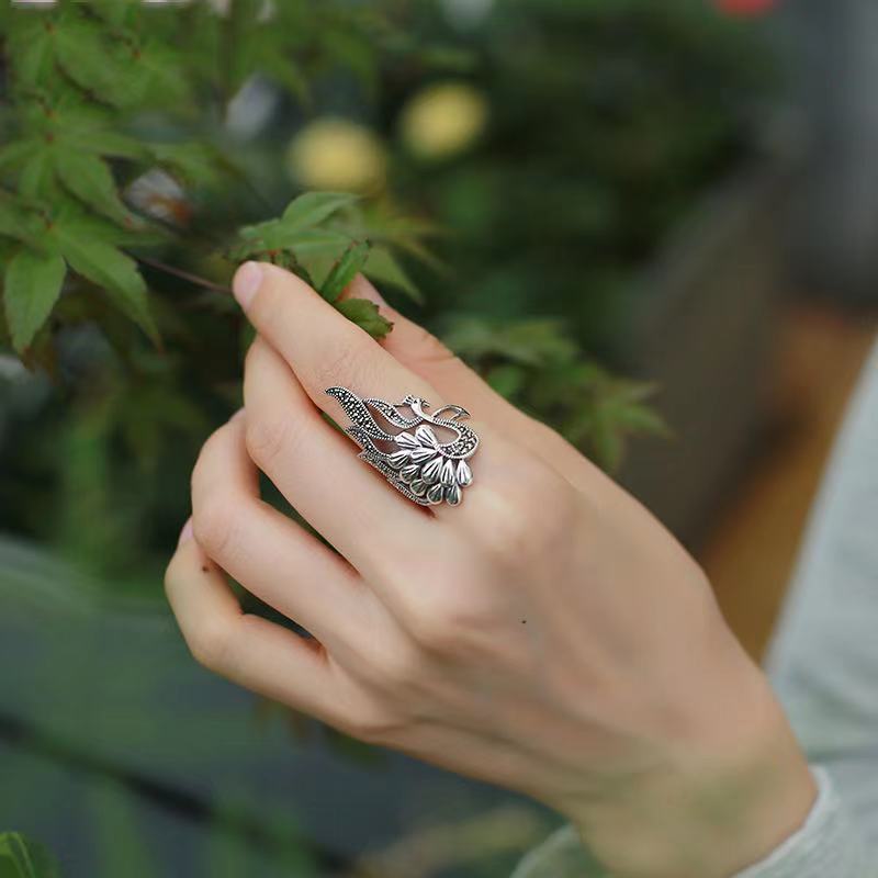 Hot Sale#Exaggerated Phoenix Ring silver Colors Vintage Thai Silver Open Ring for Women Index Finger