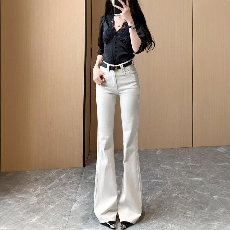 Quần jean nữ màu xám cũ phiên bản lưới micro-lap, thiết kế mới cao cấp, ôm vừa vặn và co giãn tốt