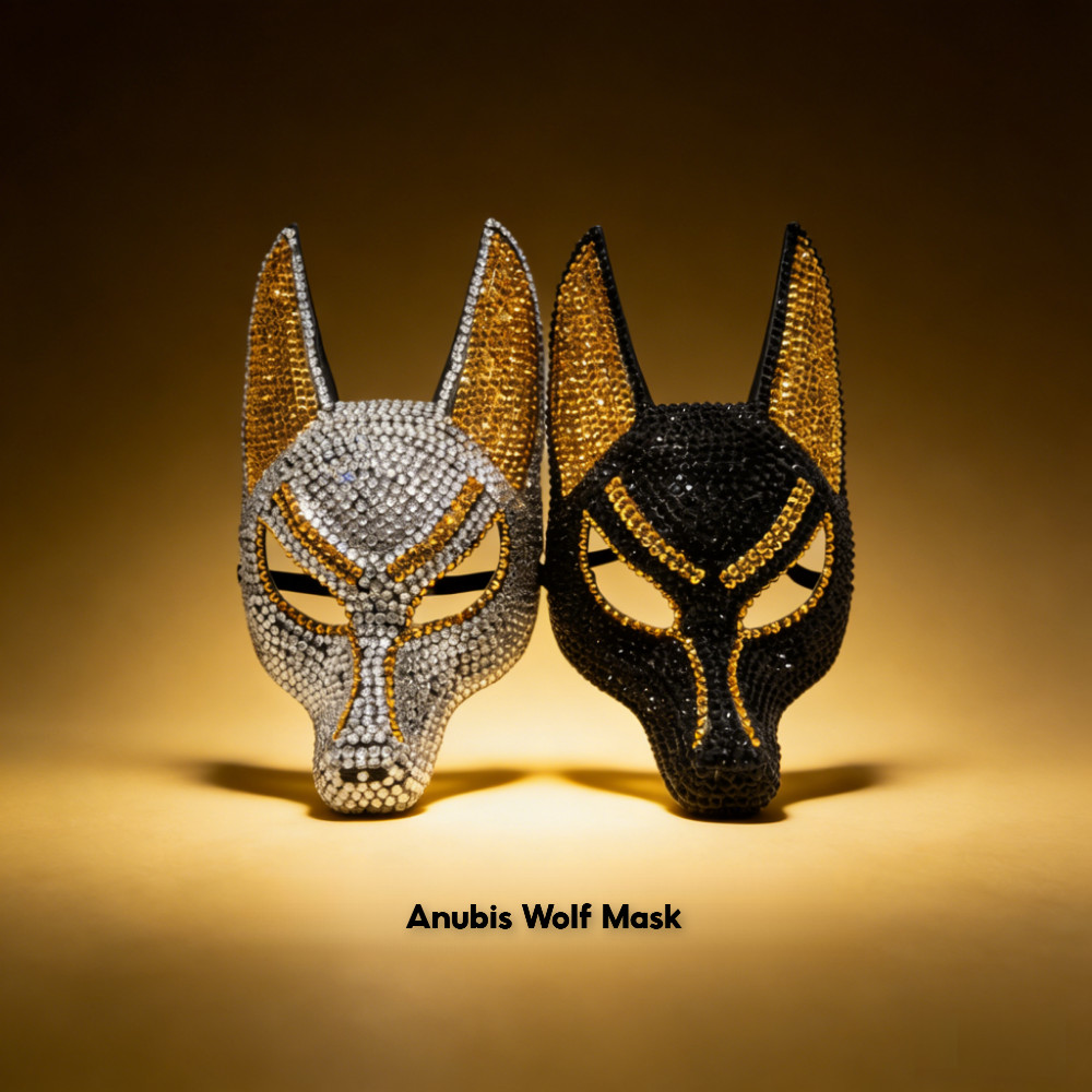 Mặt nạ sói Anubis đính đá: Đen & Bạc có dấu vàng - Phụ kiện trang phục theo chủ đề Ai Cập cho Hallow