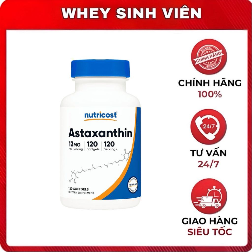 Viên uống Nutricost Astaxanthin 12mg, 120 Viên - Đẹp da, ngừa lão hóa, bảo vê thị lực, tim mạch -  W