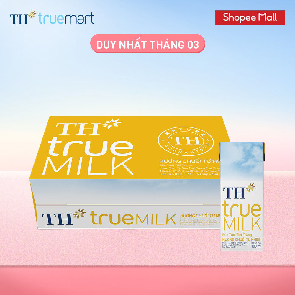 Thùng 48 hộp sữa tươi tiệt trùng TH true MILK hương chuối 180 ml (180 ml x 48)