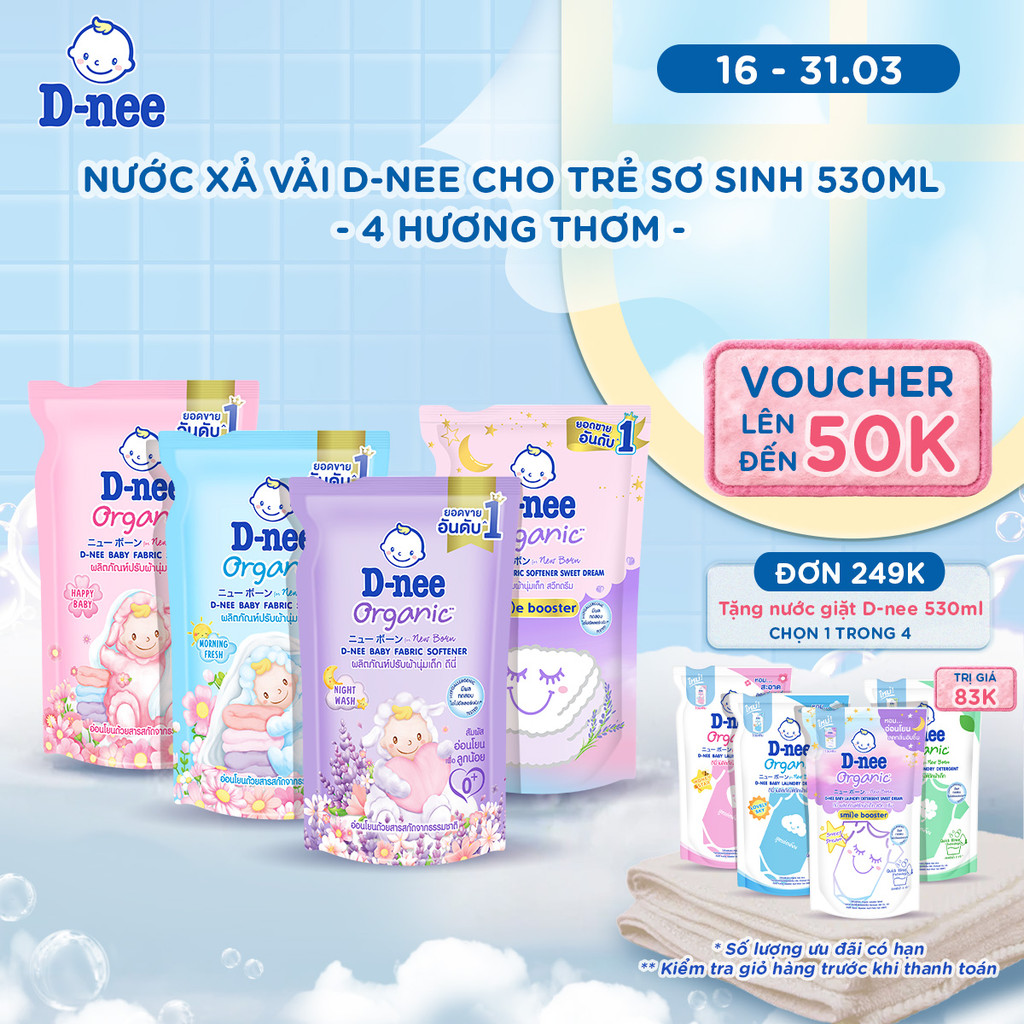 Nước xả vải D-nee cho trẻ sơ sinh, thơm lâu, giúp quần áo mềm mại phù hợp cho làn da nhạy cảm - Túi 530ml - 4 Hương thơm
