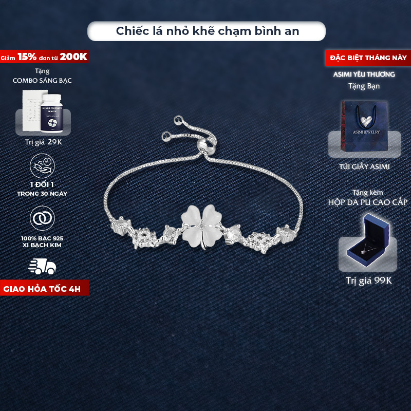 Lắc tay bạc rút cỏ 4 lá Asimi, vòng tay bạc ý S925 nữ xi bạch kim sang trọng Fortune Leaf LT31