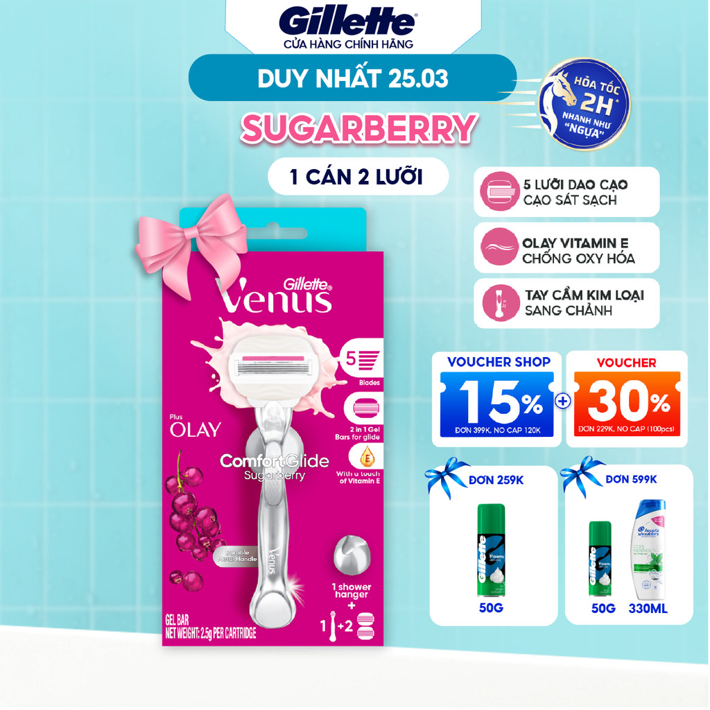 [Dao 5 Lưỡi] Dao Cạo Cho Nữ GILLETTE VENUS Comfortgilde Hương Olay Sugarberry Với Dải Bôi Trơn- Hộp 1 Cán 2 Lưỡi