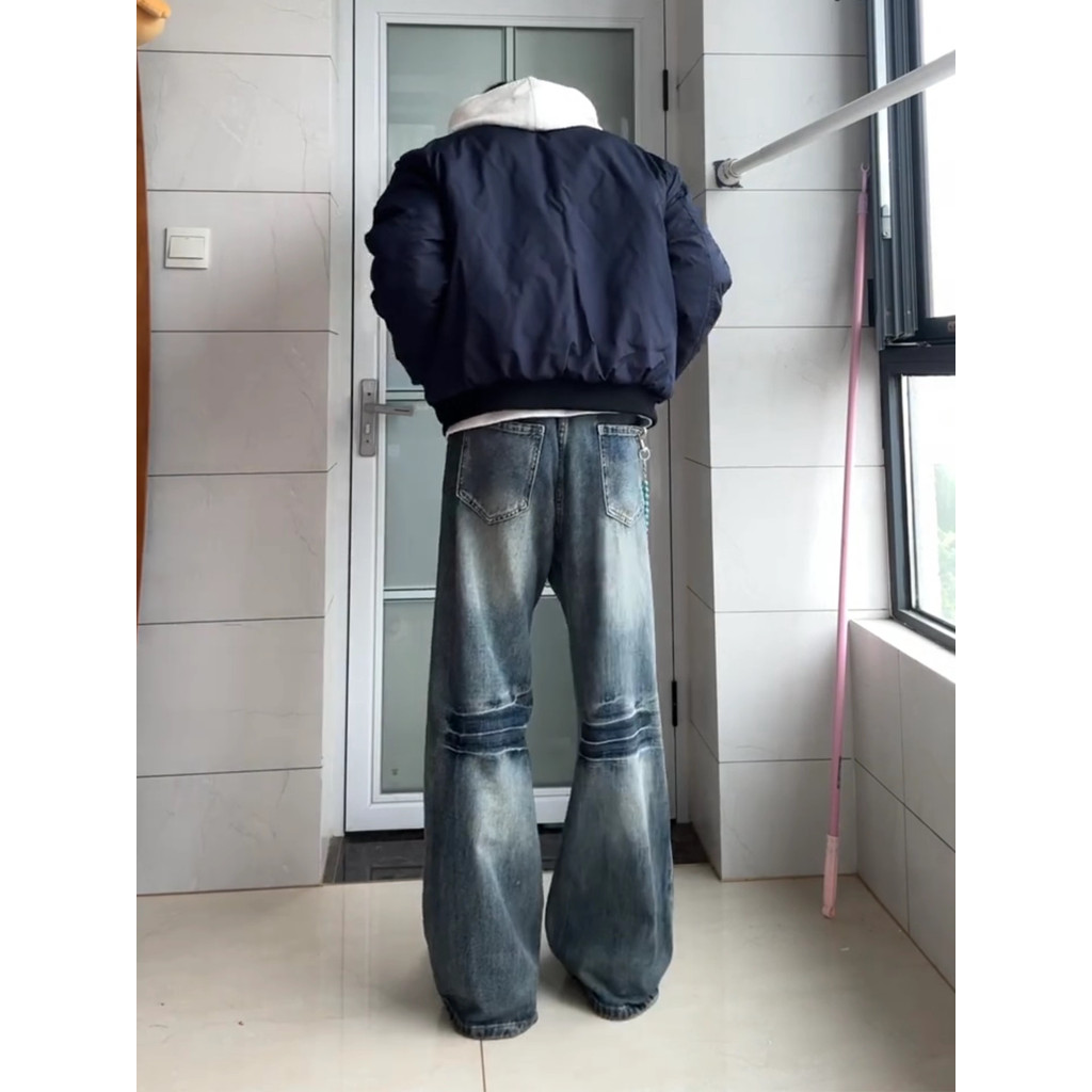 Cleanfit Blue Lightning Pattern Machete Jeans Nam Xuân Mỹ High Street vibe Quần Ống Rộng Micro-Flap 