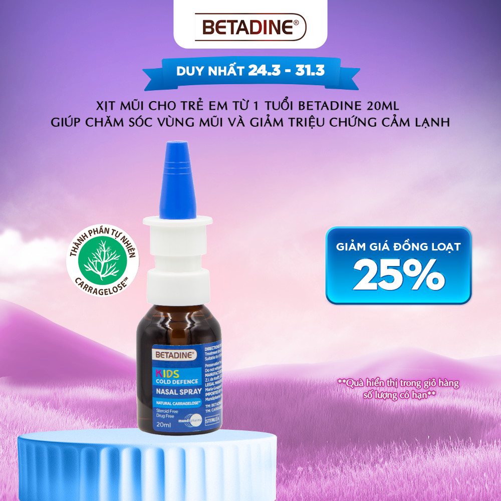 Xịt mũi cho trẻ em từ 1 tuổi Betadine 20ml giúp chăm sóc vùng mũi và giảm triệu chứng cảm lạnh