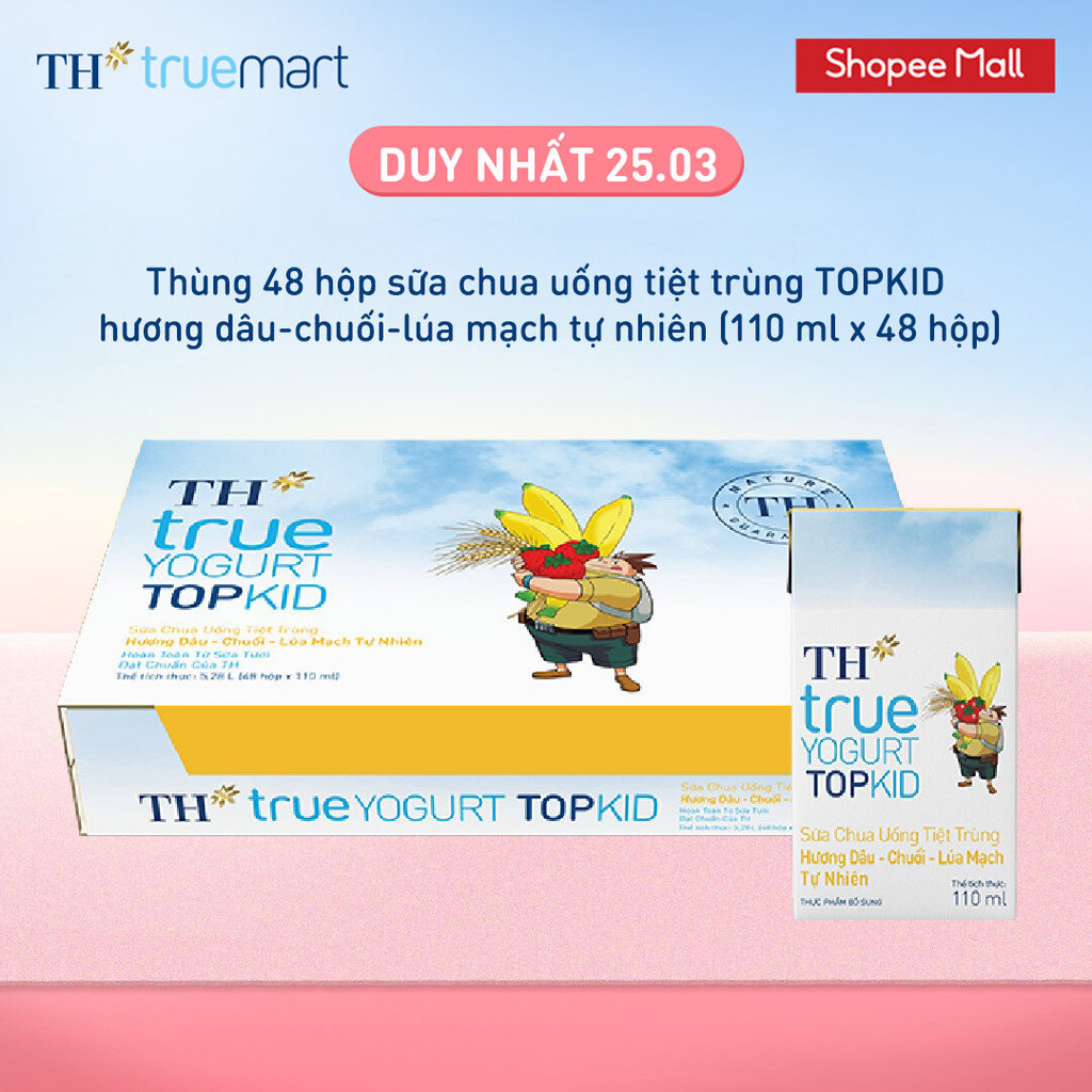 [LIVESTREAM] Thùng sữa chua uống tiệt trùng TH TOPKID hương dâu-chuối-lúa mạch tự nhiên 110ml x 48 hộp
