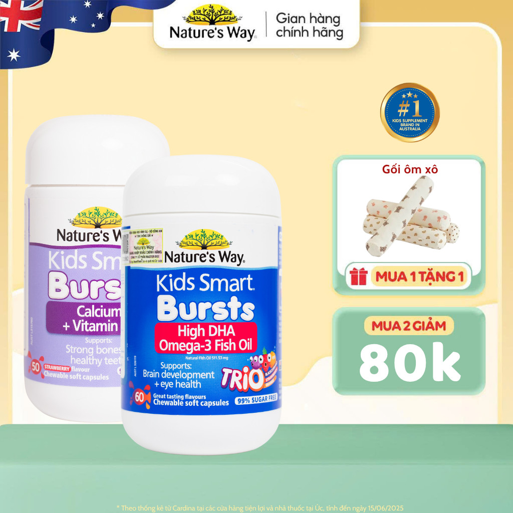 Combo Viên Nhai Nature's Way Kids Smart Calcium + Vitamin D3 Burstlets và Viên Dầu Cá Nature's Way O