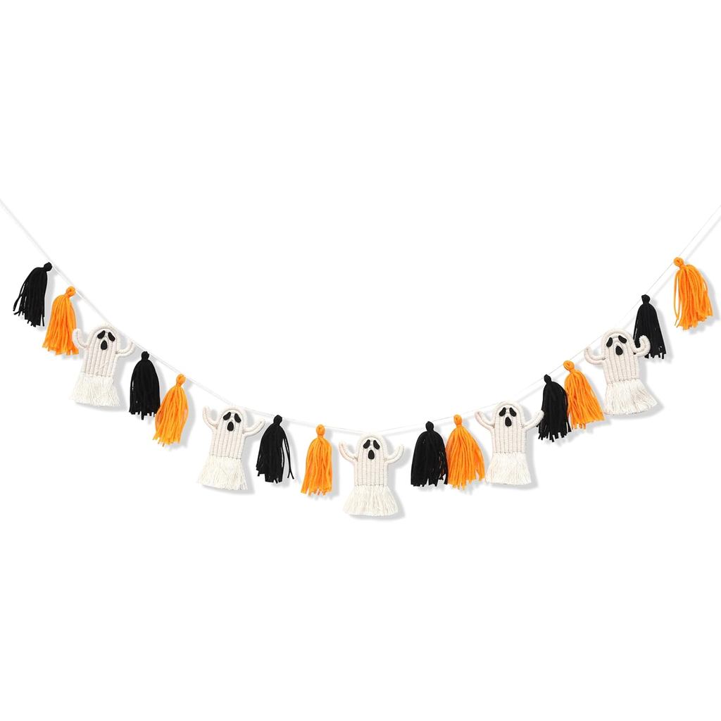 Vòng hoa ma Halloween - Trang trí Halloween Macrame, Trang trí tiệc Halloween, Đồ trang trí treo ma 
