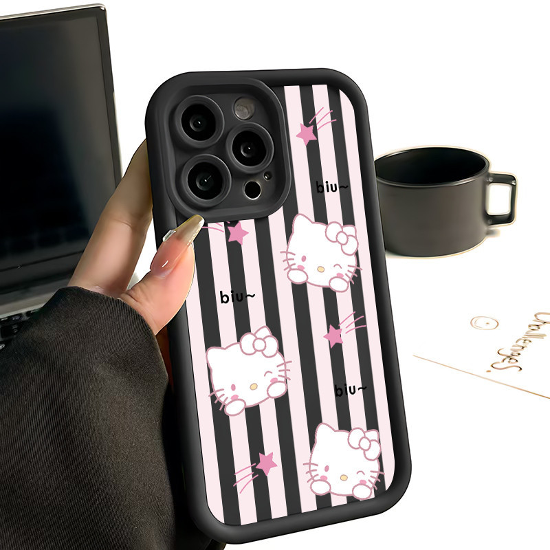 Ốp Lưng cho OPPO A9 2020/A5S/A3S/A3X/A5 pro/A15/A16/A16K/A17 Hello Kitty Sọc Hồng Đen TPU Soft Shell