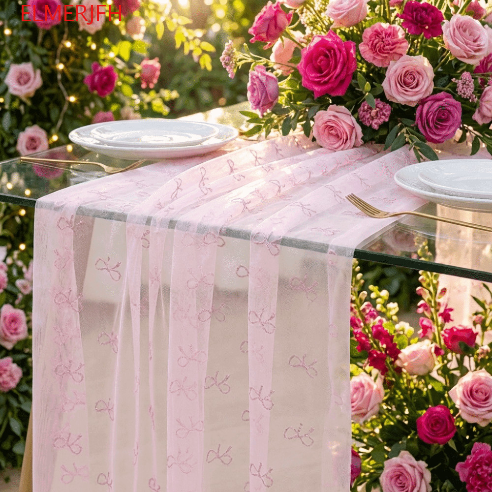 ELMERJFH8 Pink Bow Table Runner, Soft Decorative Mesh Table Runner, Thanh lịch Sheer Tulle Lãng mạn 