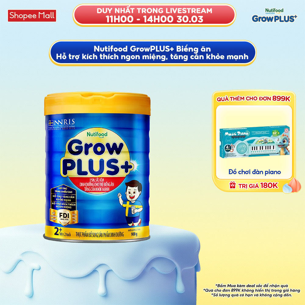 Sữa Bột Nutifood GrowPLUS+ Biếng Ăn (Xanh) 2+ - Tăng Cân Khỏe Mạnh (Lon 900g)