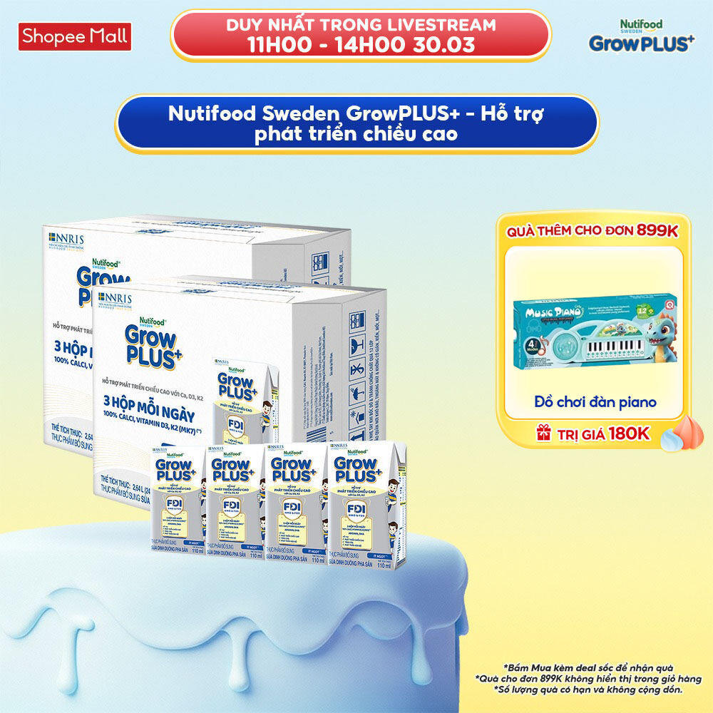 Combo 2 Thùng 24 Hộp Sữa Bột Pha Sẵn Nutifood Sweden GrowPLUS+ Cao lớn vượt trội hộp 110 ml