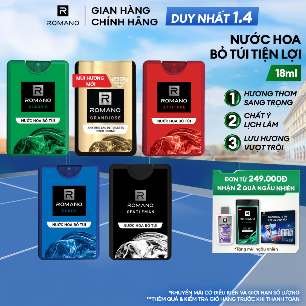 Nước hoa nam bỏ túi Romano hương Attitude/Classic/Force/Gentleman/Grandiose 18ml/chai - 4 mùi hương 