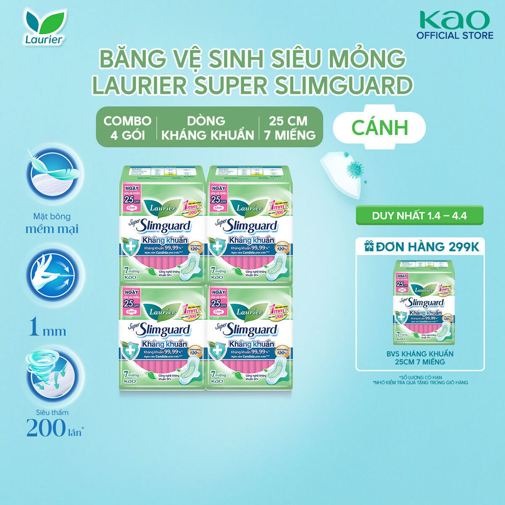 Combo 4 gói BVS Laurier Siêu Mỏng 1mm Kháng khuẩn 25cm 7 miếng