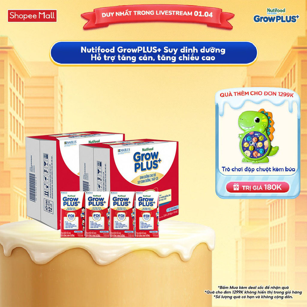 Thùng SBPS Nutifood GrowPLUS+ ít đường Suy Dinh Dưỡng - Tăng Cân, Tăng Chiều Cao (48 Hộp x 110ml) (B