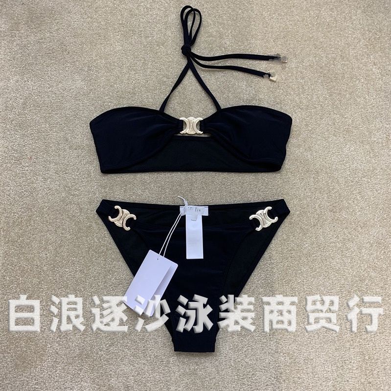CELINE7502 Bikini ống chia hình tam giác đen có áo tắm ngực
