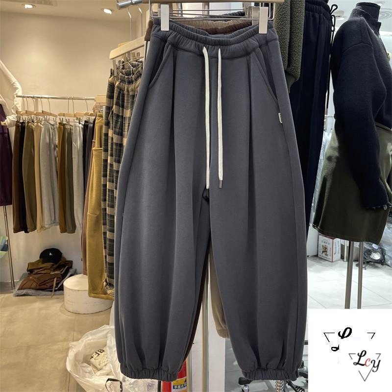 Kích thước cực lớn quần baggy nữ thu đông 2025, lót lông cừu nâu dày ấm, phù hợp lên tới 150kg, phon