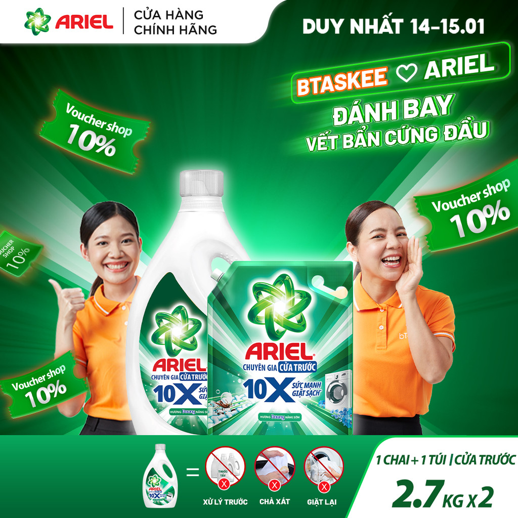 Combo Túi Nước Giặt Ariel Platinum 10X Cửa Trước 2.7KG & Nước Giặt Cửa Trước Giặt Sạch Chai 2.7KG