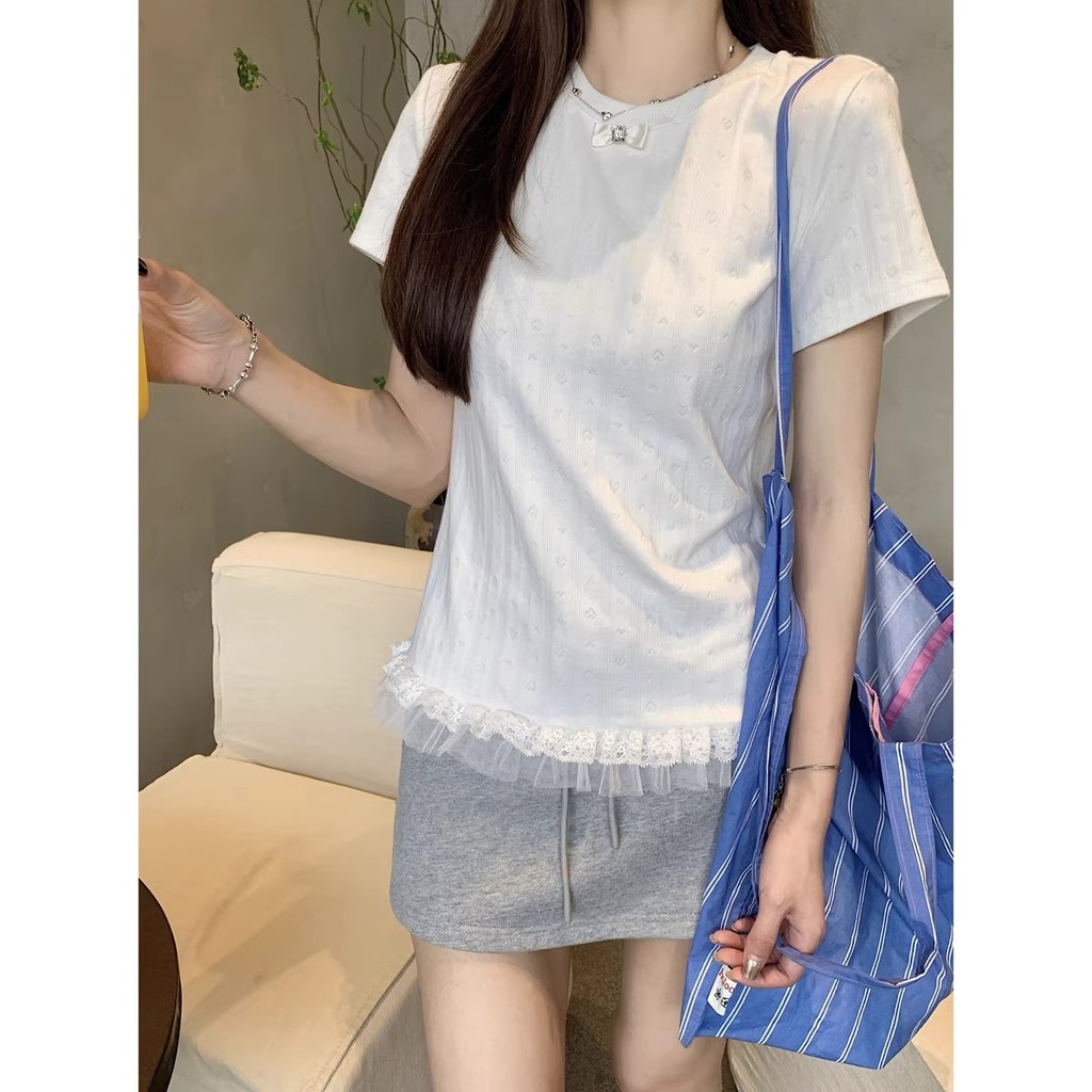 Áo babydoll baby tee nữ ôm body Thiết kế mới White Love Jacquard tay ngắn mùa hè Phong cách mới Slim-fit | BigBuy360 - bigbuy360.vn